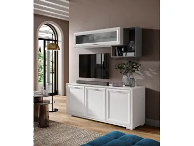 Sideboard in grey and white ash finish, open compartments, suspended glass wall unit, TV stand