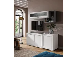 Sideboard in grey and white ash finish, open compartments, suspended glass wall unit, TV stand