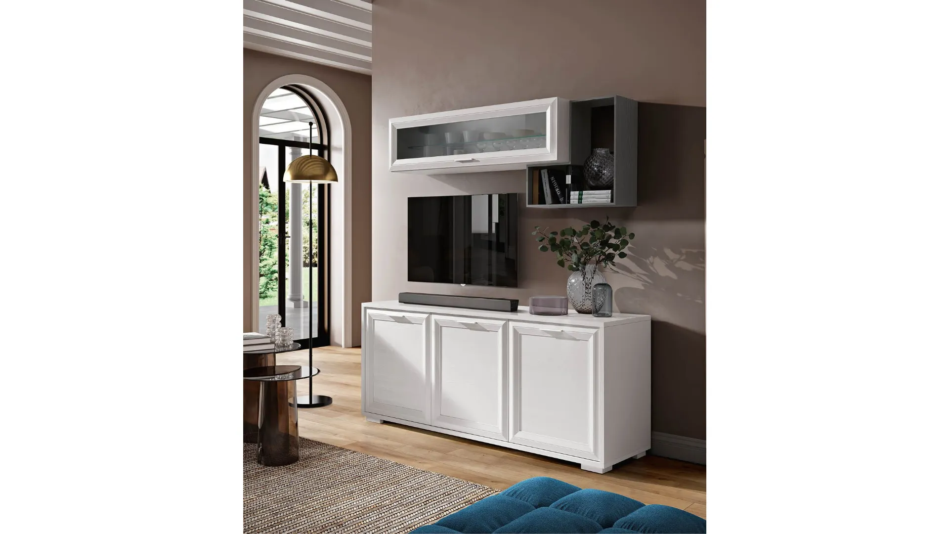 Sideboard in grey and white ash finish, open compartments, suspended glass wall unit, TV stand