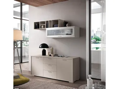 Modern sideboard with drawer and central open compartment, wall units suspended in grey and white finishes.