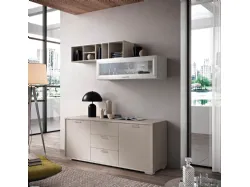 Modern sideboard with drawer and central open compartment, wall units suspended in grey and white finishes.