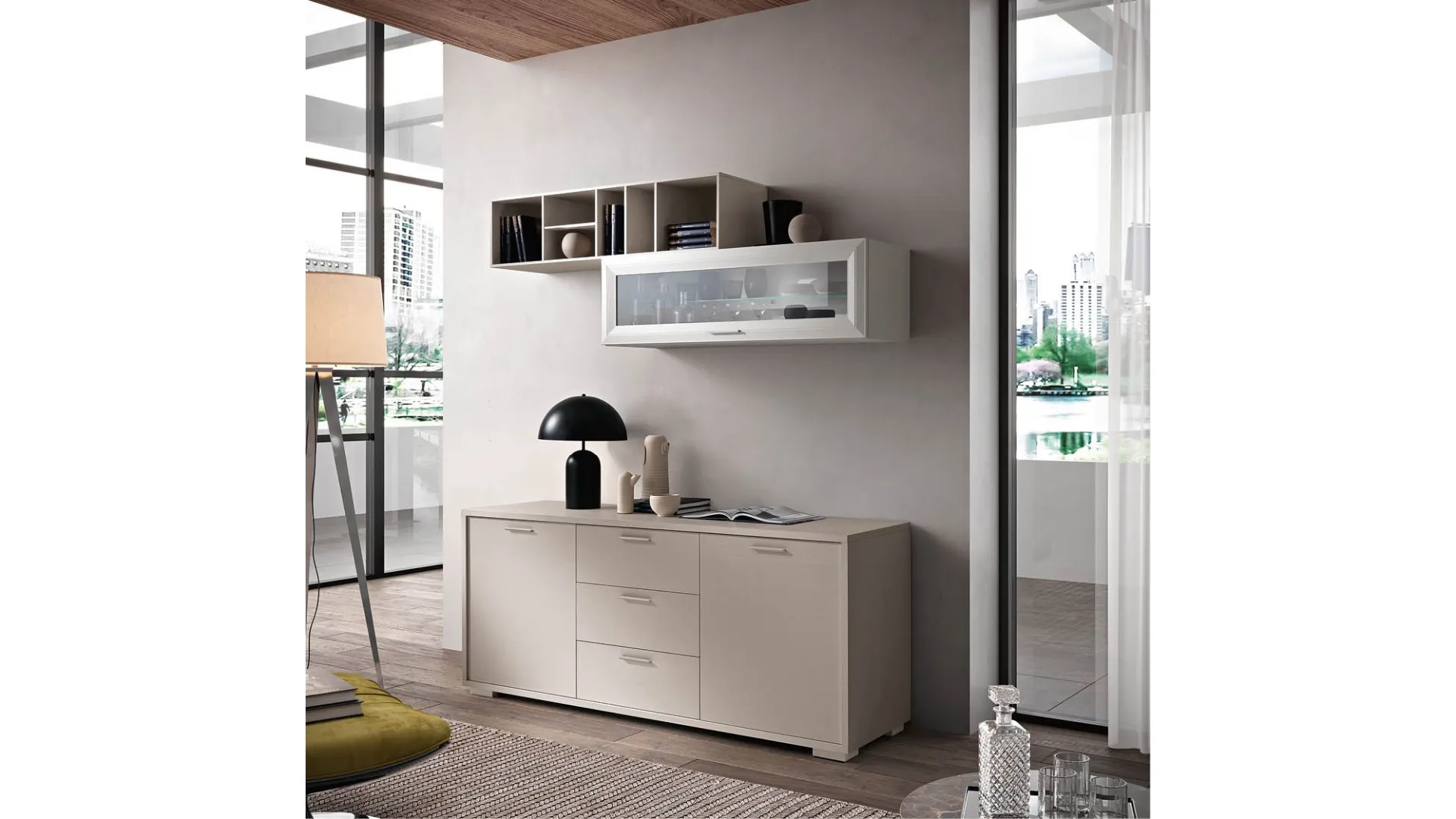 Modern sideboard with drawer and central open compartment, wall units suspended in grey and white finishes.