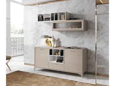 Modern sideboard with central open compartment, inclined feet, and suspended glass wall unit.