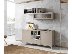 Modern sideboard with central open compartment, inclined feet, and suspended glass wall unit.