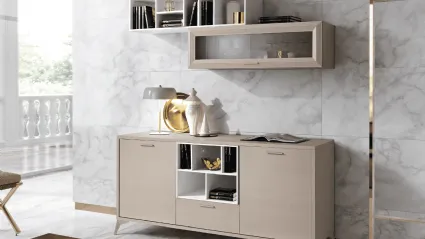 Modern sideboard with central open compartment, inclined feet, and suspended glass wall unit.