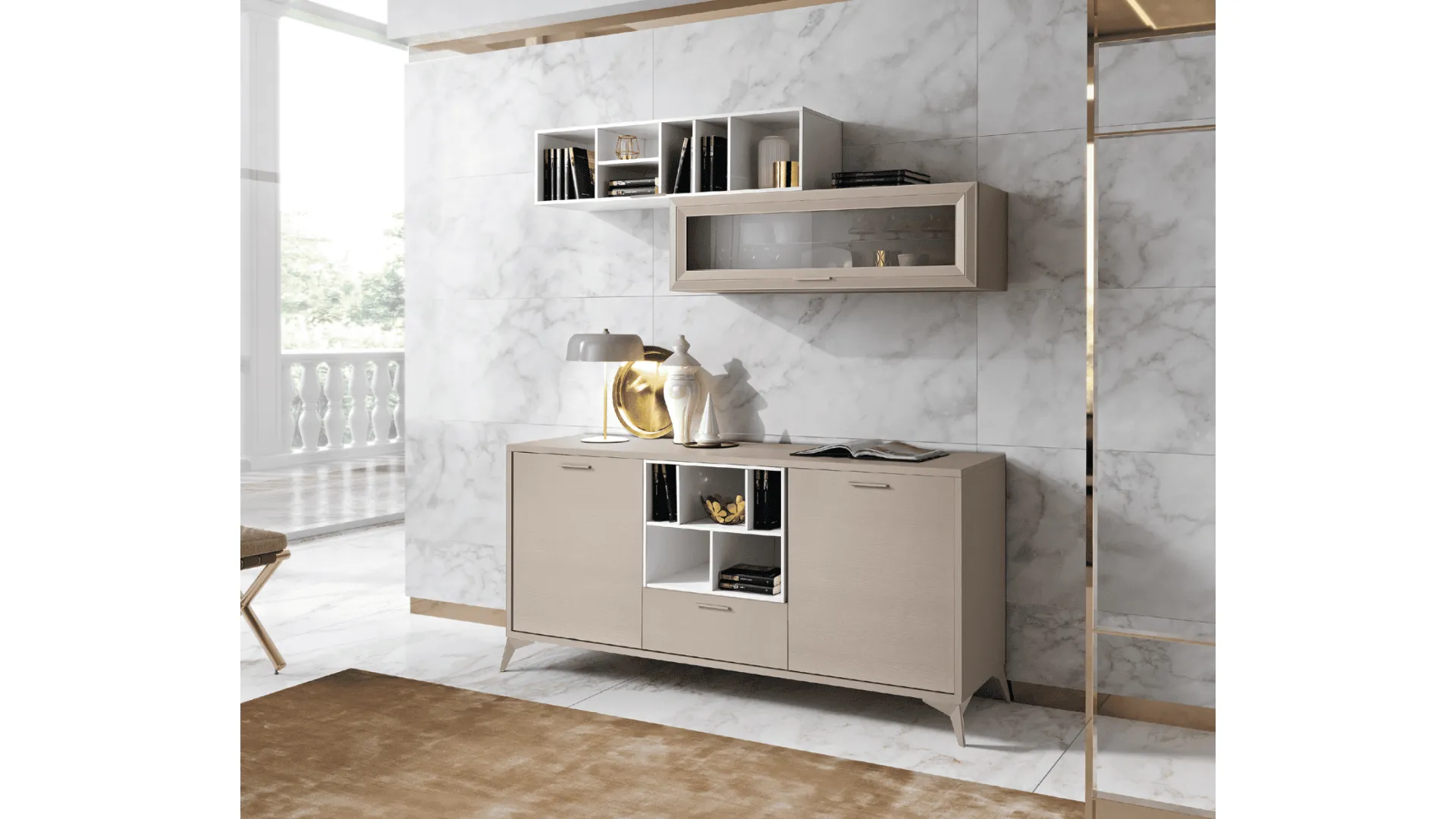 Modern sideboard with central open compartment, inclined feet, and suspended glass wall unit.