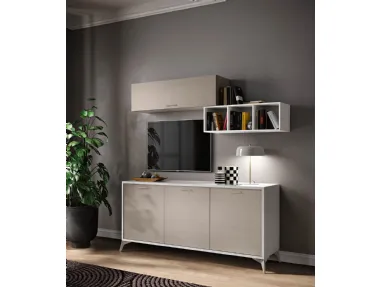 Modern three-door sideboard with TV cabinet, wall cabinets with flip-up doors, and open shelving space.