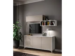 Modern three-door sideboard with TV cabinet, wall cabinets with flip-up doors, and open shelving space.