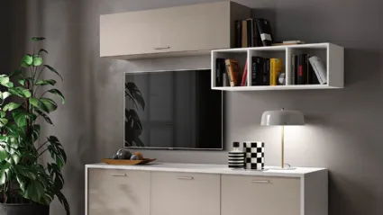 Modern three-door sideboard with TV cabinet, wall cabinets with flip-up doors, and open shelving space.