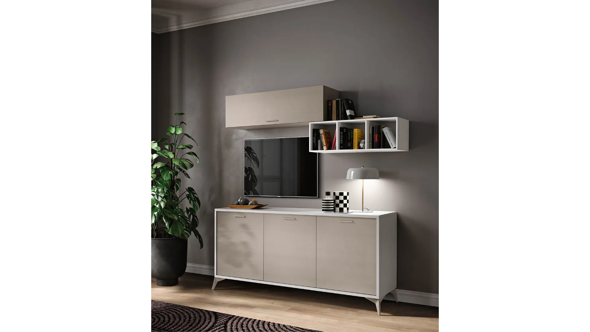 Modern three-door sideboard with TV cabinet, wall cabinets with flip-up doors, and open shelving space.