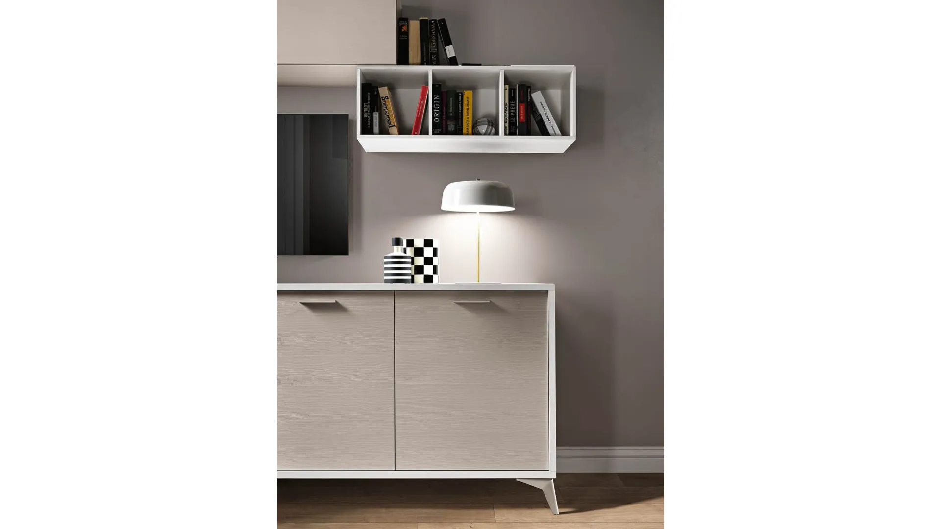 Modern three-door sideboard with TV stand, wall-hung flap units, and open compartment.