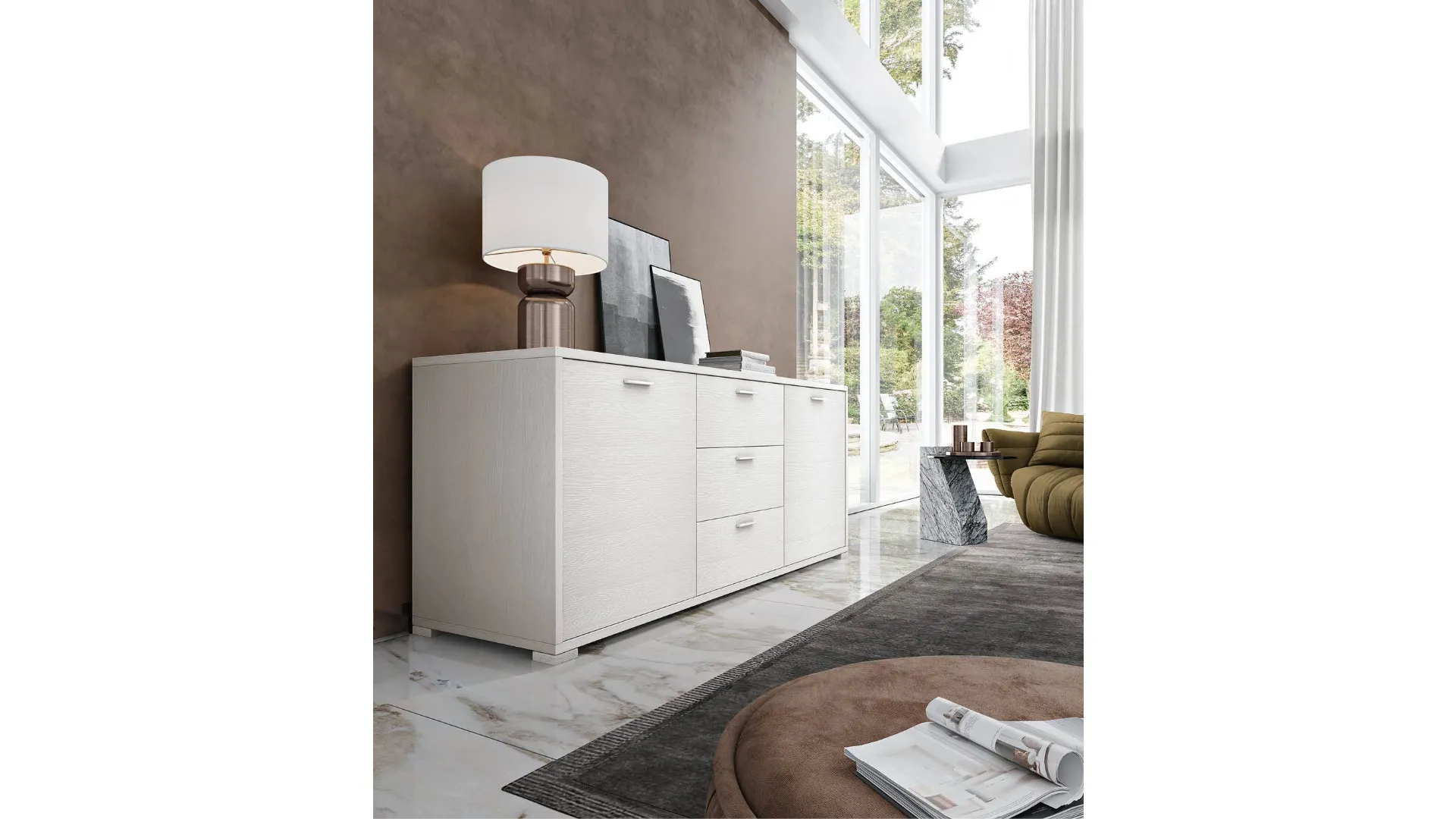 Modern sideboard with two doors, three central drawers, and a large surface area.