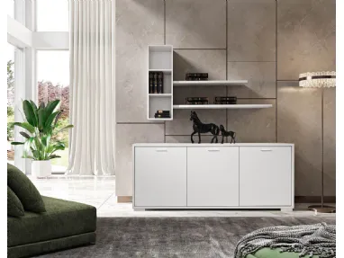 Modern three-door sideboard, with suspended shelves and open compartments.