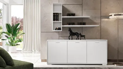 Modern three-door sideboard, with suspended shelves and open compartments.