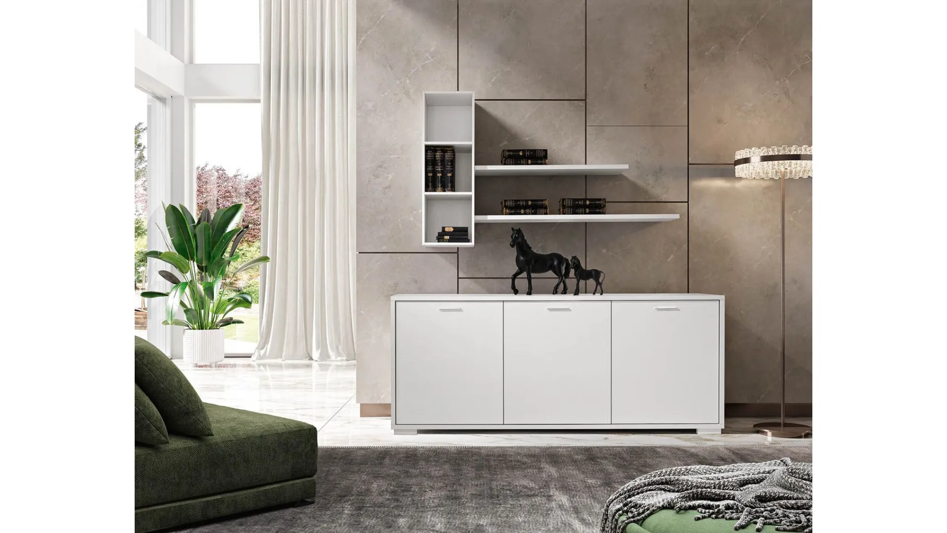 Modern three-door sideboard, with suspended shelves and open compartments.