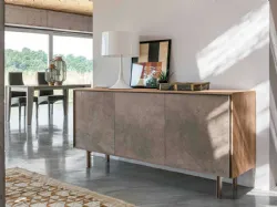 Three-door sideboard with porcelain tile fronts.