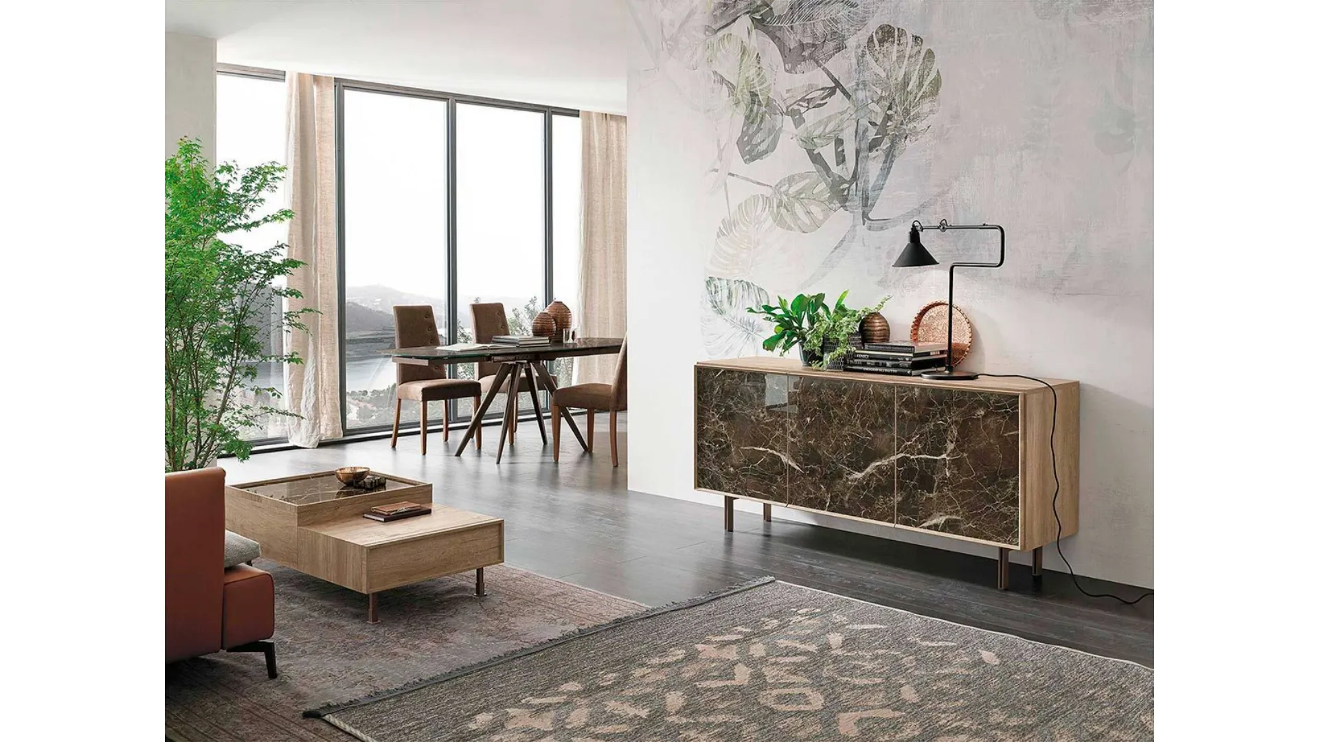 Sideboard with three doors and porcelain stoneware fronts.