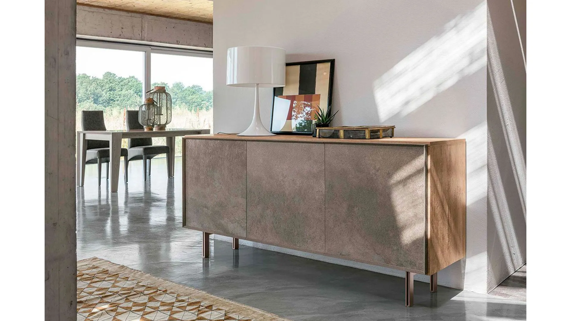 Three-door sideboard with porcelain tile fronts.