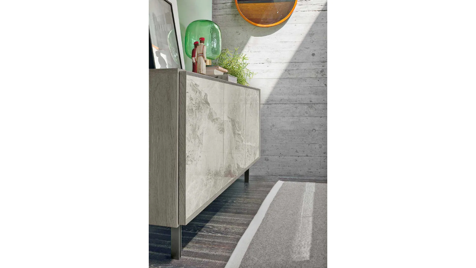 Three-door sideboard with porcelain stoneware fronts.