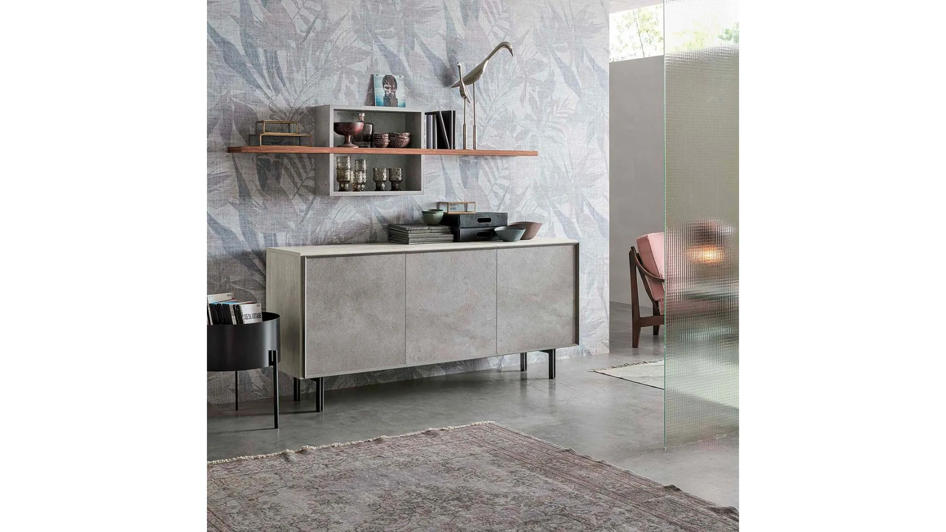 Three-door sideboard with porcelain stoneware fronts.