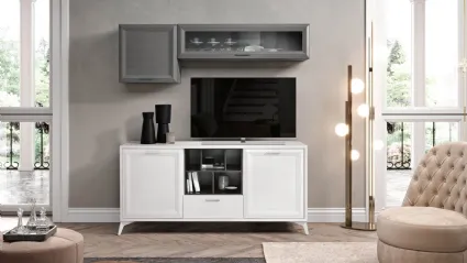 Modern mobile living with an elegant sideboard at the base, suspended wall units and open compartments.