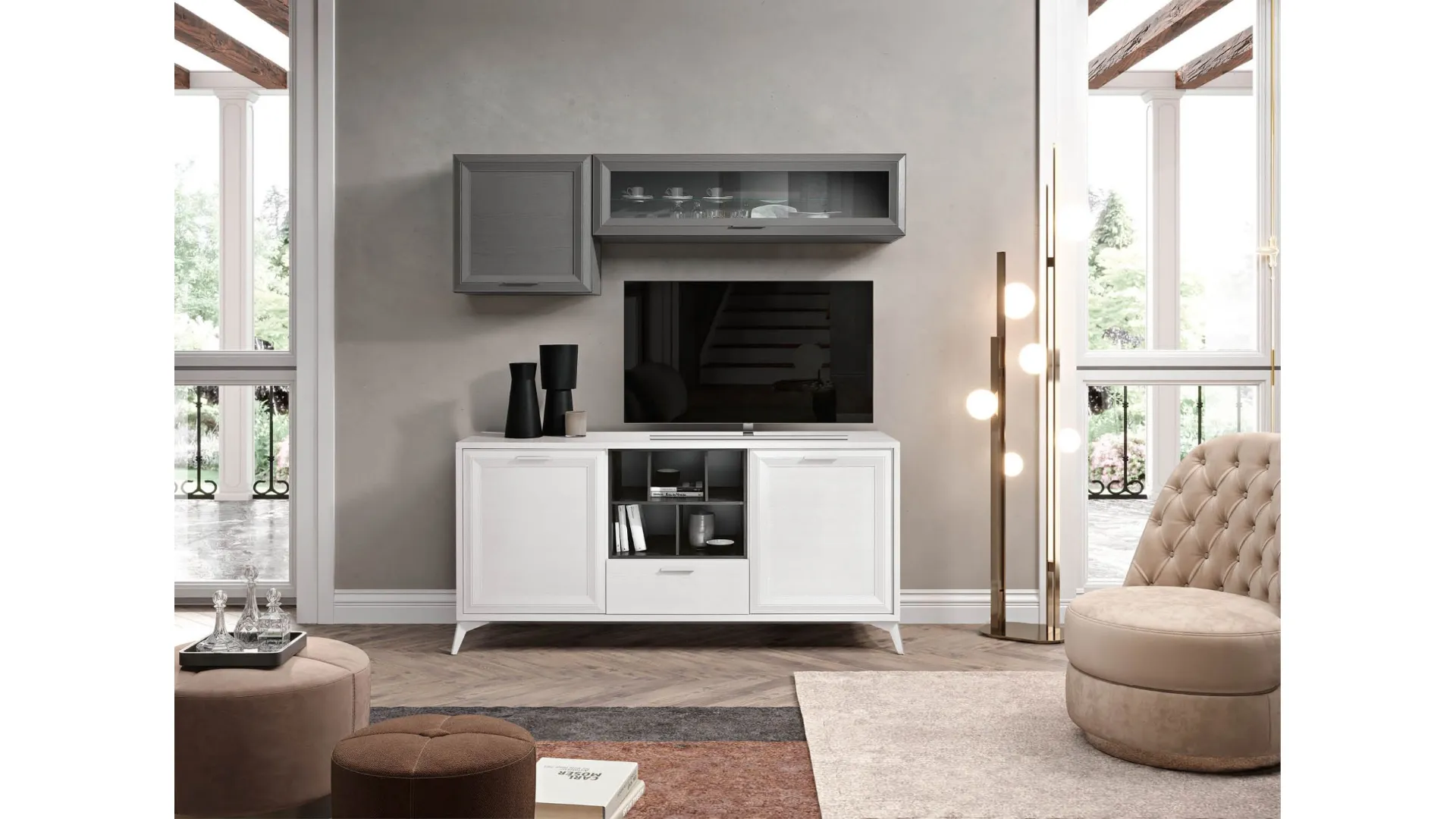 Modern mobile living with an elegant sideboard at the base, suspended wall units and open compartments.