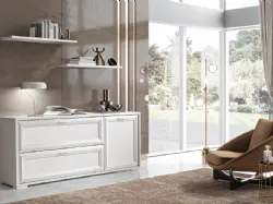 Mobile living complete with spacious elegant sideboard and shelves in hemp and white ash finish.