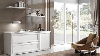 Mobile living complete with spacious elegant sideboard and shelves in hemp and white ash finish.