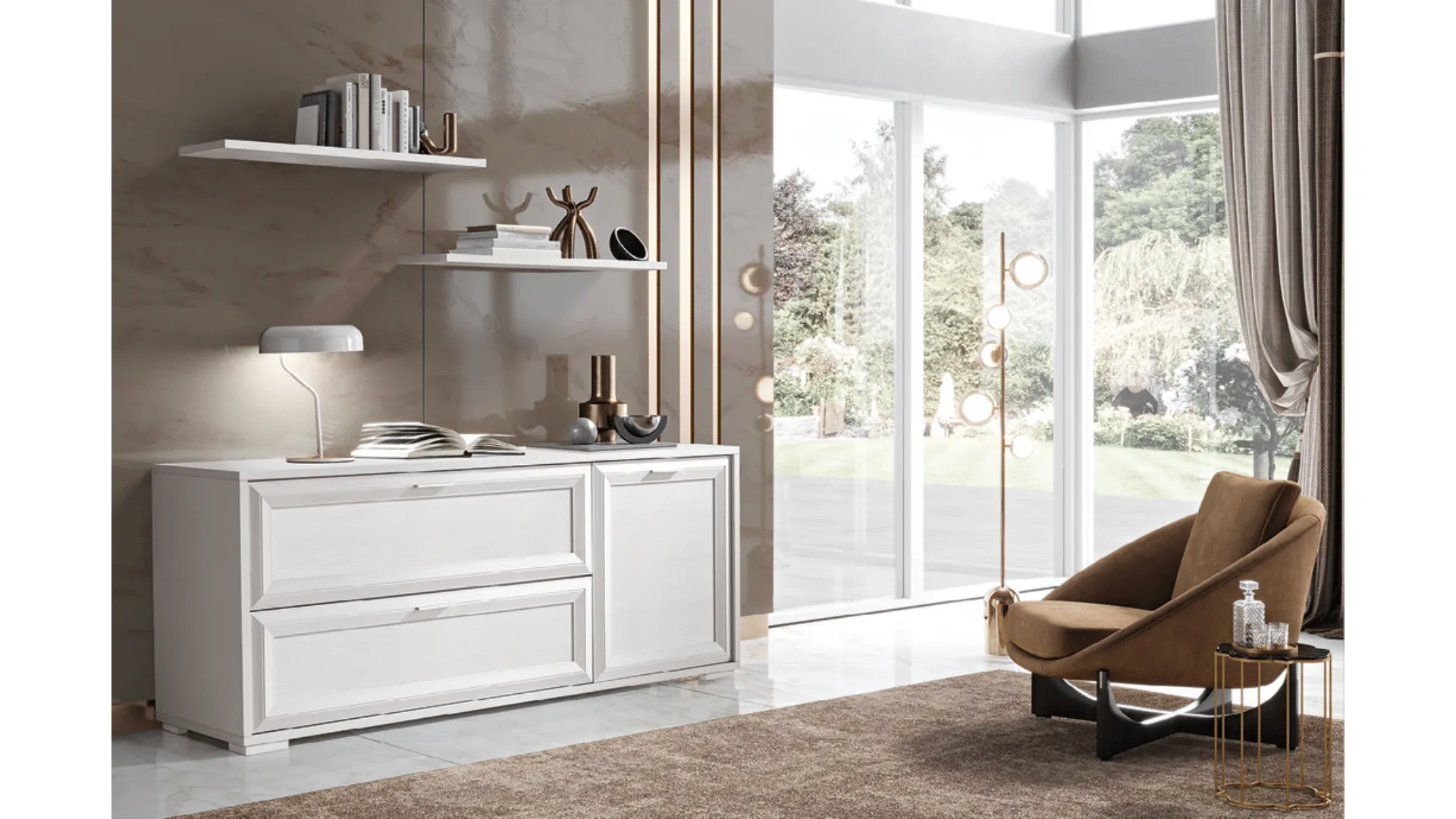 Mobile living complete with spacious elegant sideboard and shelves in hemp and white ash finish.