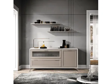 Living room composition with an elegant sideboard in a hemp/white ash finish and shelves