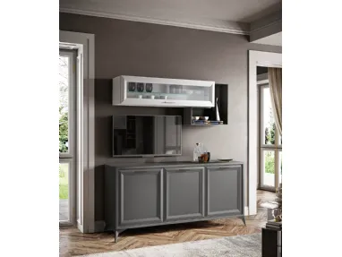 Contemporary sideboard with slanted legs, wall-mounted glass display cabinet, and TV space.