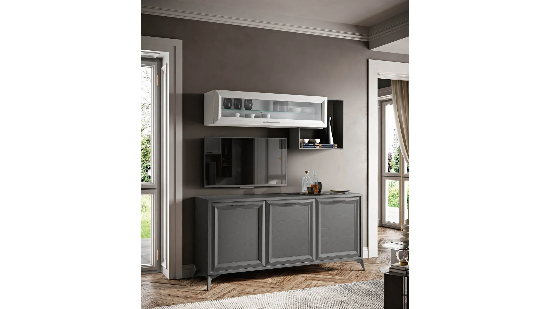 Contemporary sideboard with slanted legs, wall-mounted glass display cabinet, and TV space.