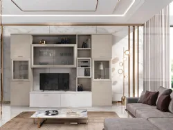 Wall unit complete with drawers, side showcases, TV space, shelves, and suspended wall units