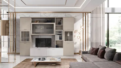 Wall unit complete with drawers, side showcases, TV space, shelves, and suspended wall units
