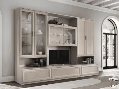 Modern equipped wall unit with drawers at the base, display cabinets with swinging doors, and open compartments.