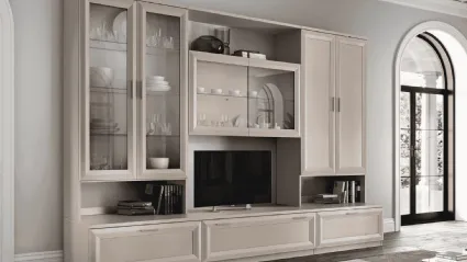 Modern equipped wall unit with drawers at the base, display cabinets with swinging doors, and open compartments.