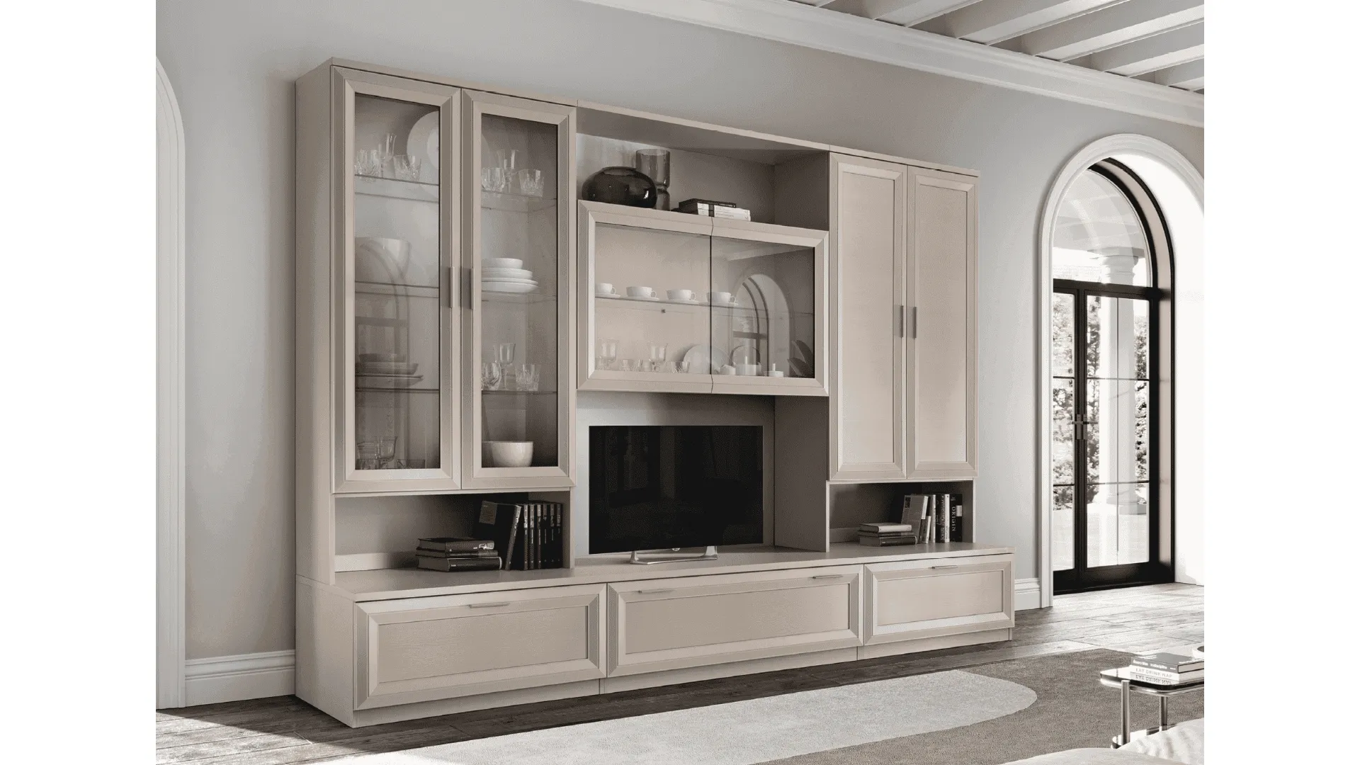 Modern equipped wall unit with drawers at the base, display cabinets with swinging doors, and open compartments.