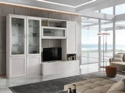 Modern mobile living unit with display cabinet, glass internal shelves, wall units, and TV stand.