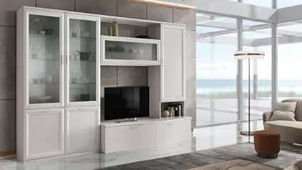 Modern mobile living unit with display cabinet, glass internal shelves, wall units, and TV stand.