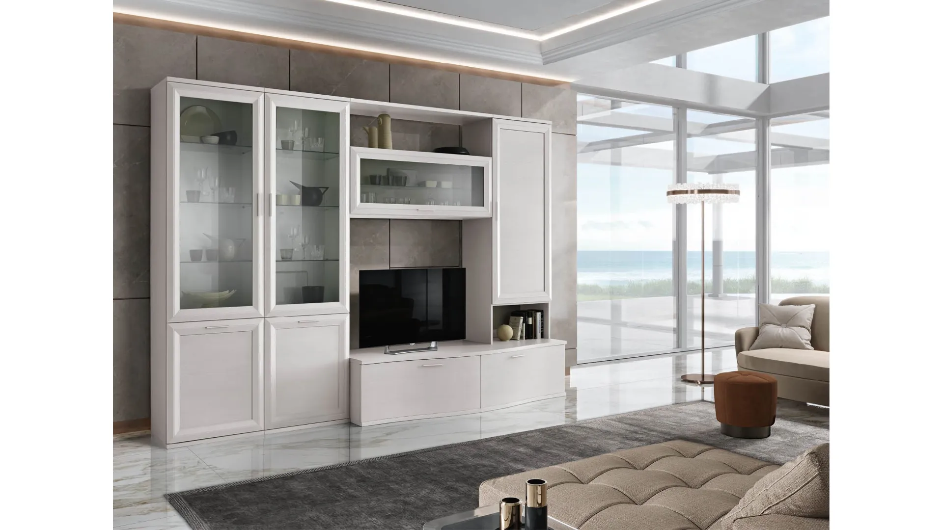 Modern mobile living unit with display cabinet, glass internal shelves, wall units, and TV stand.