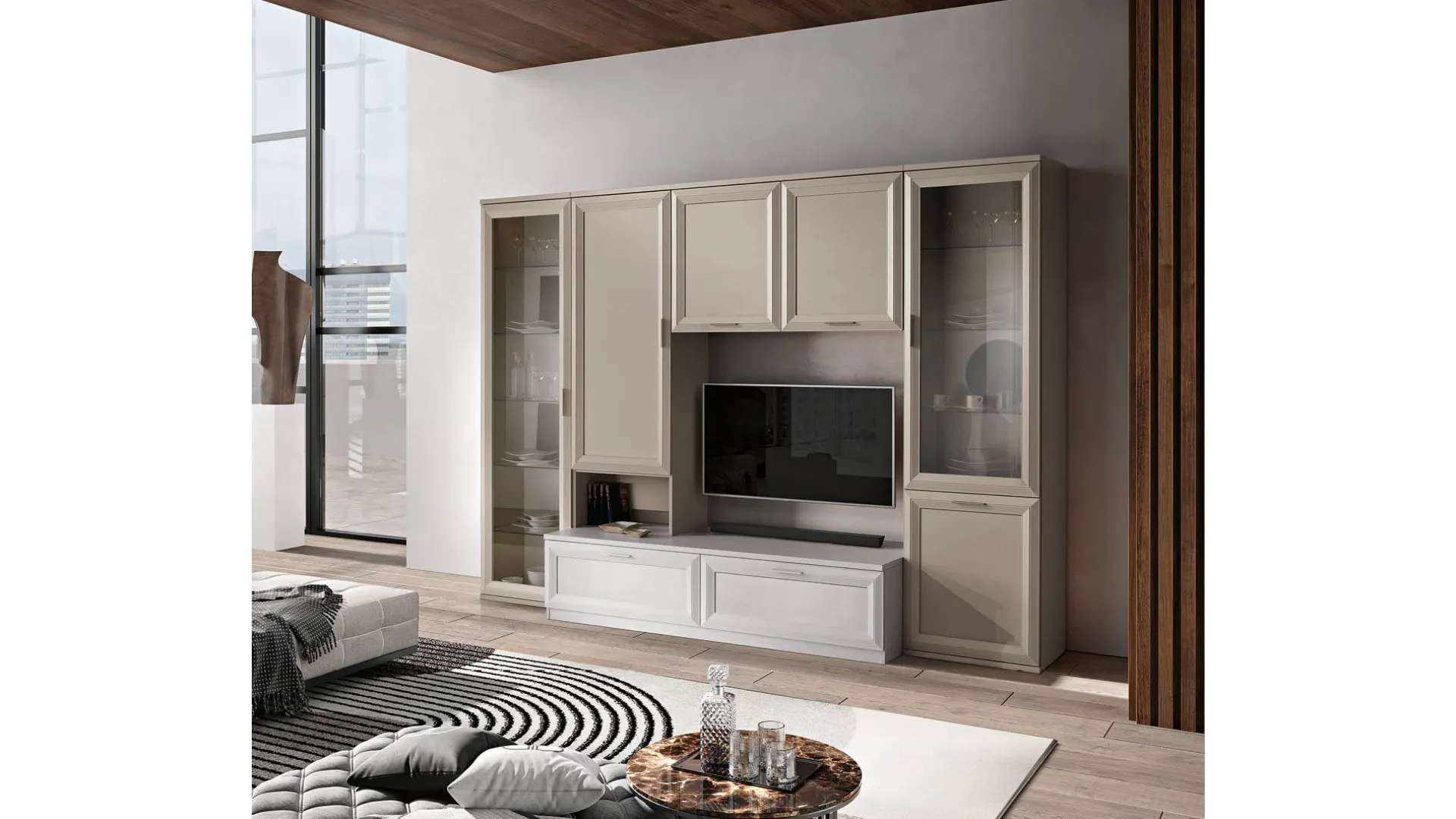 Mobile living with side displays, drawers at the base, central module with TV cabinet space.