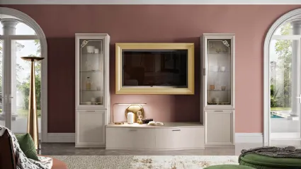 Modern living room with central TV stand frame, side display cabinets, and base chest of drawers.