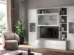 Mobile living room with rounded shapes, elegant and spacious, in silver and white ash finish.