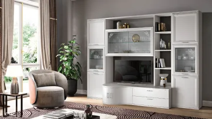 Mobile living room with rounded shapes, elegant and spacious, in silver and white ash finish.