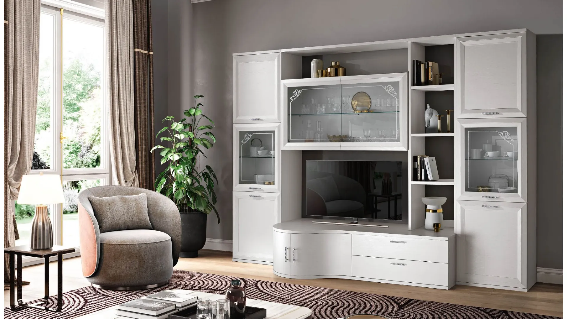 Mobile living room with rounded shapes, elegant and spacious, in silver and white ash finish.