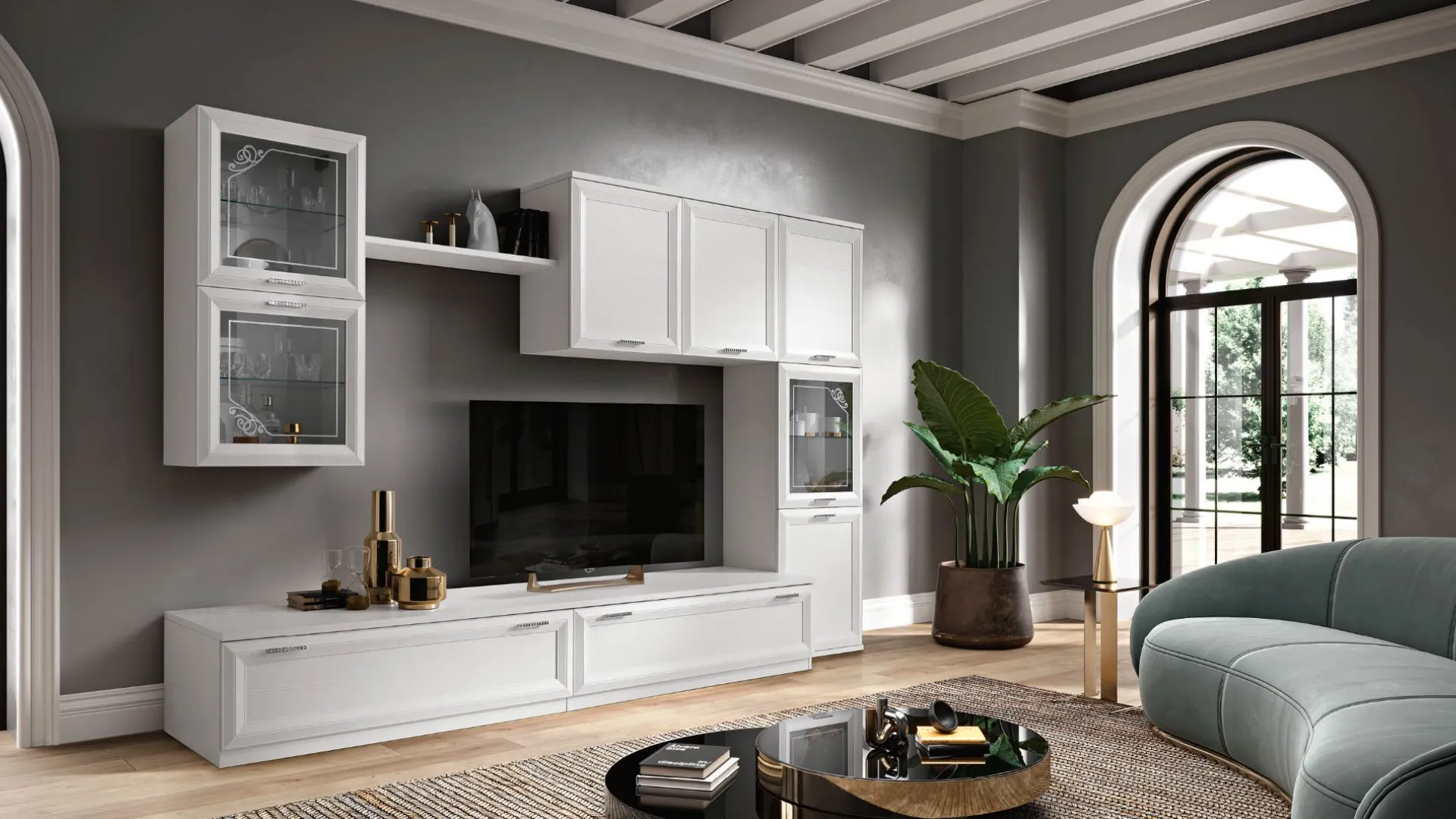 Modern wall unit with glass cabinets, drawers with handles, and TV stand element.