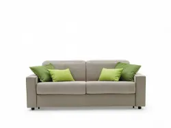 Two-seater fabric sofa bed with reclining headrests.