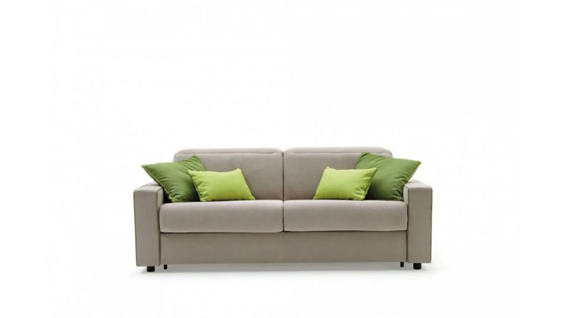 Two-seater fabric sofa bed with reclining headrests.