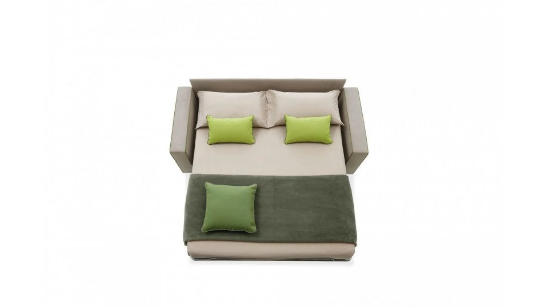 A two-seater fabric sofa bed with adjustable headrests.