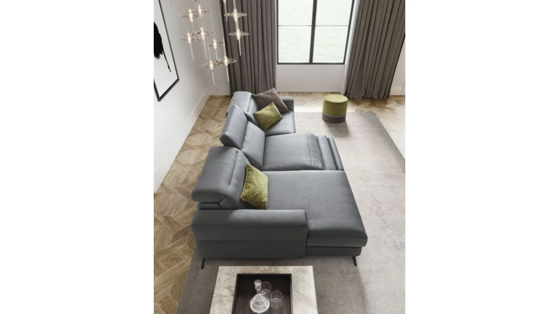 Gareth corner sofa in fabric with motorized relaxation movement.